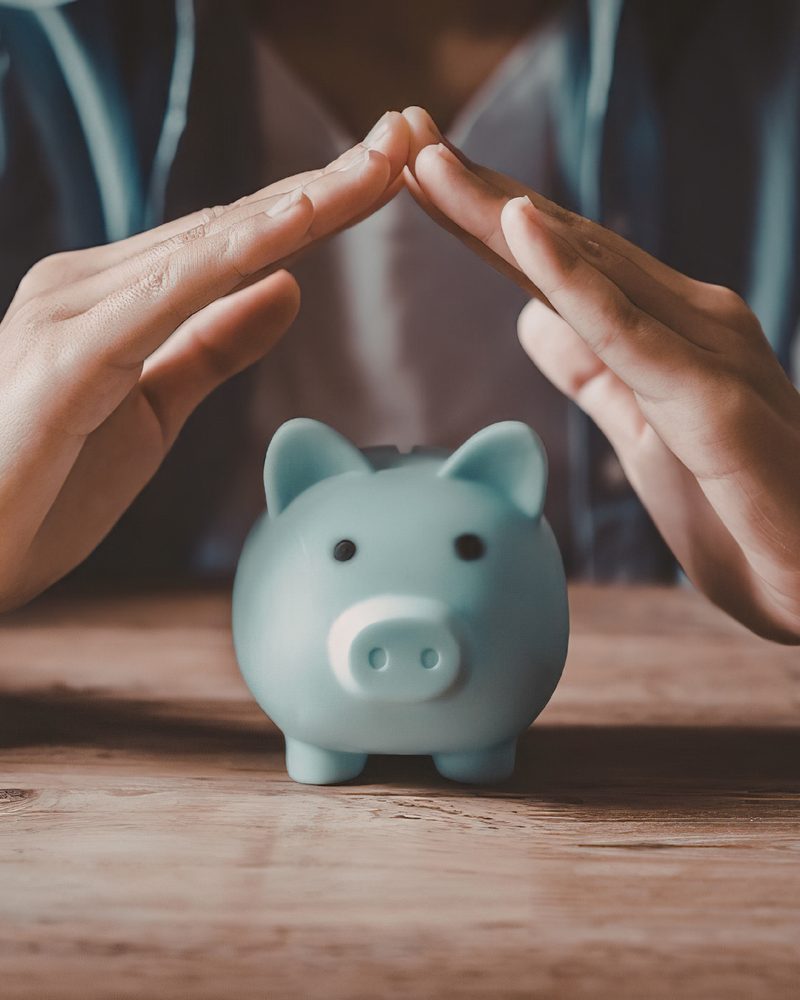 Hands sheltering a piggy bank